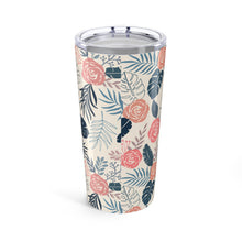 Load image into Gallery viewer, Blue and Blush Tropical Floral Pattern Travel Mug