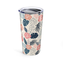 Load image into Gallery viewer, Blue and Blush Tropical Floral Pattern Travel Mug