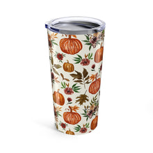 Load image into Gallery viewer, Pumpkin and Fall Flowers Travel Mug