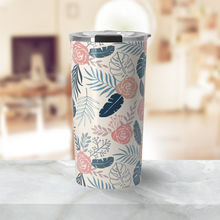 Load image into Gallery viewer, Blue and Blush Tropical Floral Pattern Travel Mug
