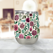 Load image into Gallery viewer, Deep Magenta Floral Eucalyptus Stemless Wine Tumbler