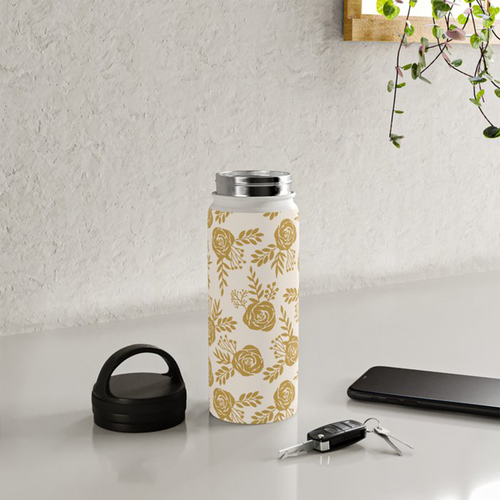 Warm Gold Floral Handle Lid Water Bottle