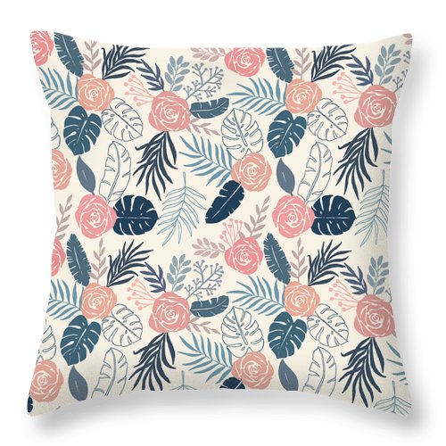 Blue and Blush Tropical Floral Pattern - Throw Pillow