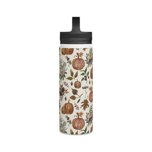 Fall Pumpkins, Flowers and Leaves Handle Lid Water Bottle
