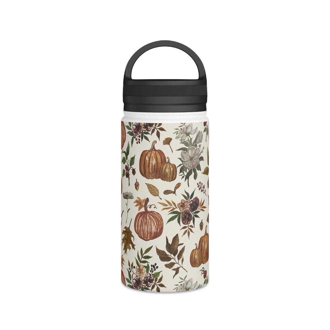 Fall Pumpkins, Flowers and Leaves Handle Lid Water Bottle