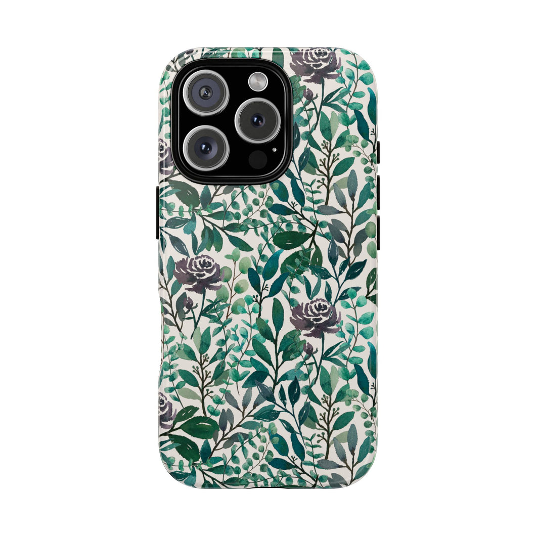 Purple Flowers and Eucalyptus Leaves Phone Case