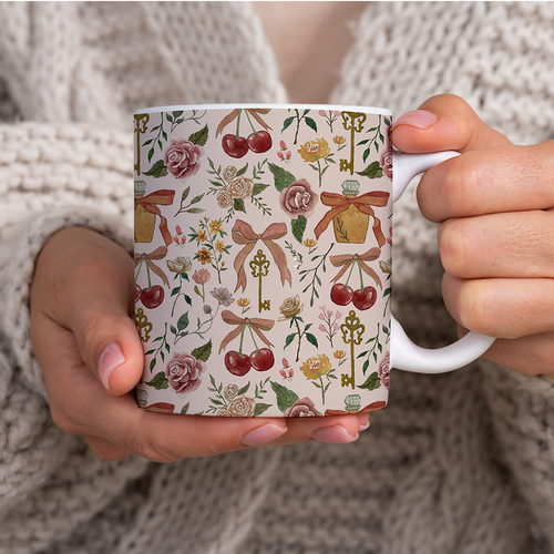 Bows, Flowers and Cherries Pattern - Mug