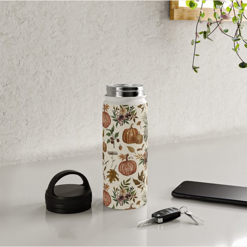 Fall Pumpkins, Flowers and Leaves Handle Lid Water Bottle