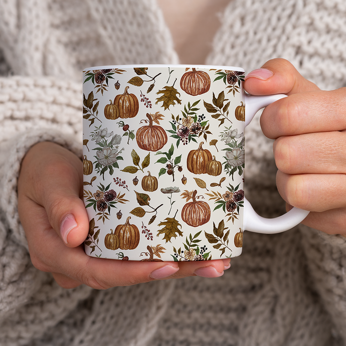 Fall Pumpkins, Flowers and Leaves - Mug