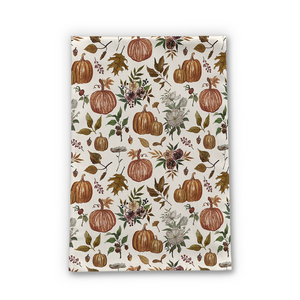 Fall Pumpkins, Flowers and Leaves Tea Towel