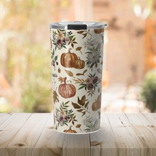 Load image into Gallery viewer, Fall Pumpkins, Flowers and Leaves Travel Mug