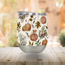 Load image into Gallery viewer, Fall Pumpkins, Flowers and Leaves Stemless Wine Tumbler