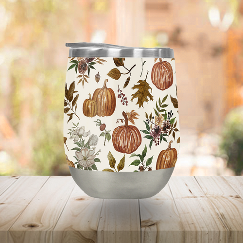 Fall Pumpkins, Flowers and Leaves Stemless Wine Tumbler