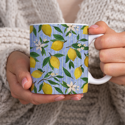 Lemons, Flowers and Stripes Pattern - Mug