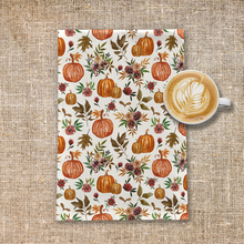 Load image into Gallery viewer, Pumpkin and Fall Flowers Tea Towel