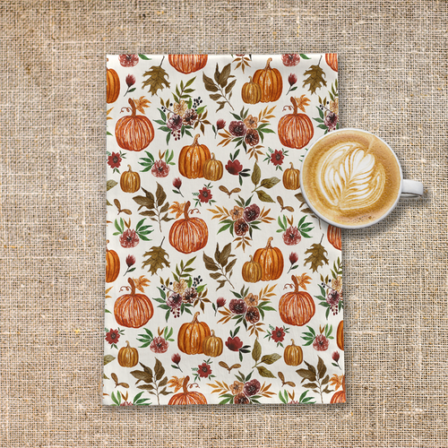 Pumpkin and Fall Flowers Tea Towel