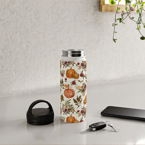 Pumpkin and Fall Flowers Handle Lid Water Bottle