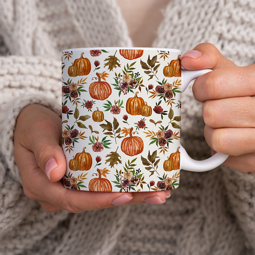 Pumpkin and Fall Flowers Pattern  - Mug