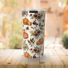 Load image into Gallery viewer, Pumpkin and Fall Flowers Travel Mug