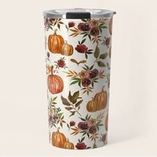 Load image into Gallery viewer, Pumpkin and Fall Flowers Travel Mug