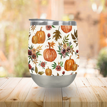 Load image into Gallery viewer, Pumpkin and Fall Flowers Stemless Wine Tumbler