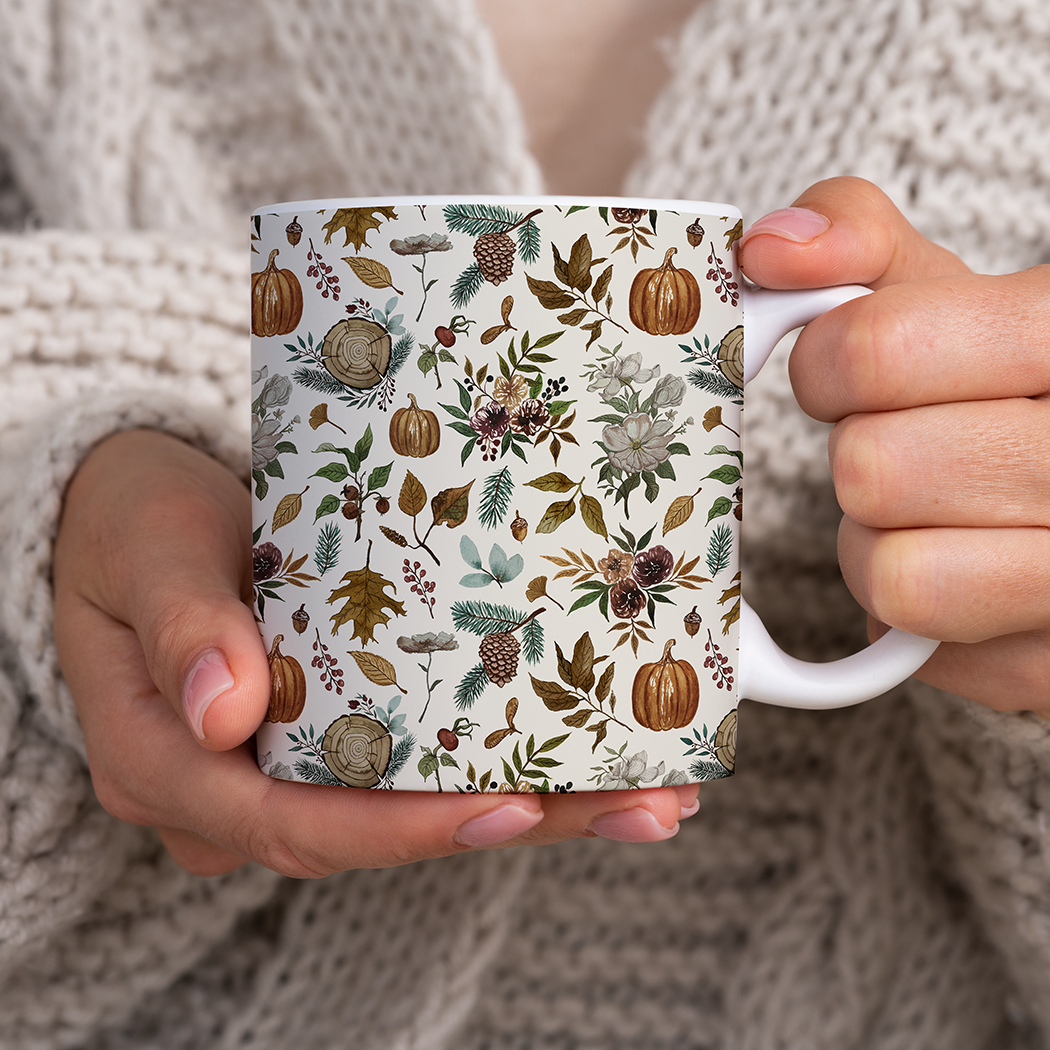 Pumpkins, Flowers and Fall Foliage - Mug