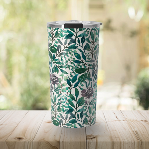 Purple Flowers & Eucalyptus Leaves Travel Mug