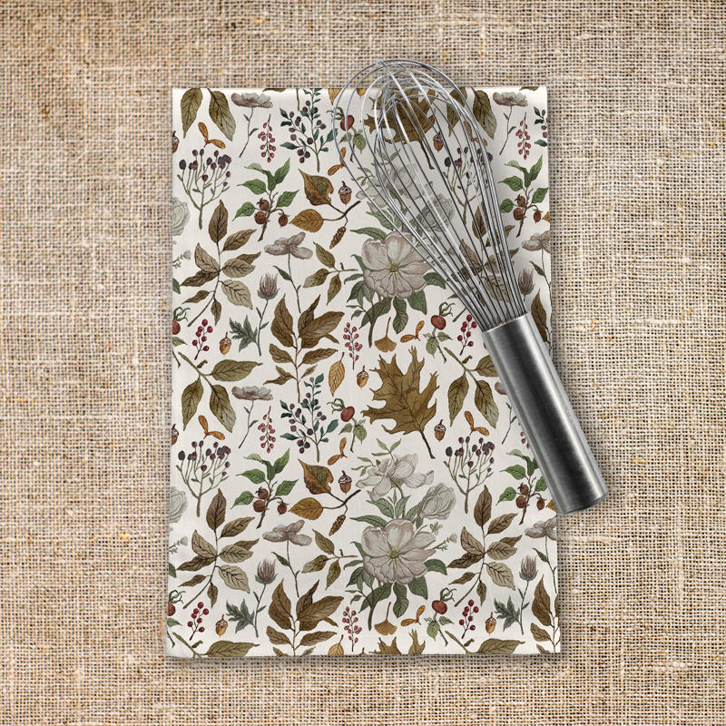 Watercolor Fall Leaves and Flowers Tea Towel