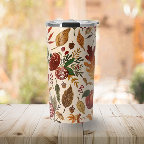 Watercolor Floral Pumpkin, Leaves and Berries Travel Mug