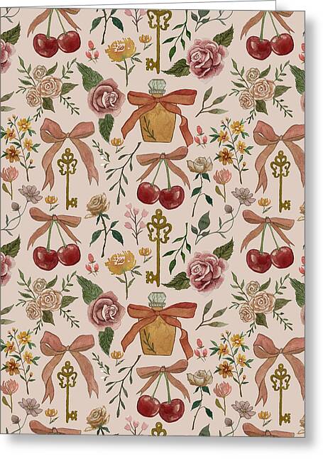 Bows, Flowers and Cherries Pattern - Greeting Card