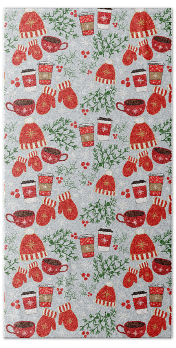 Coffee and Mittens Christmas Pattern - Beach Towel