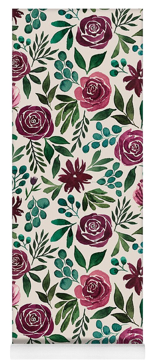 Deep Magenta Floral Eucalyptus Pattern - Yoga Mat