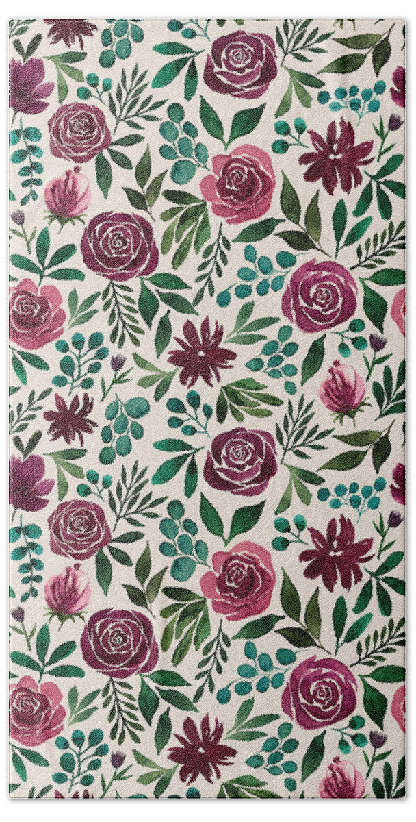 Deep Magenta Floral Eucalyptus Pattern - Beach Towel