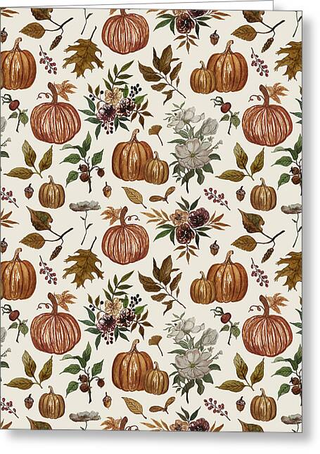 Fall Pumpkins, Flowers and Leaves - Greeting Card