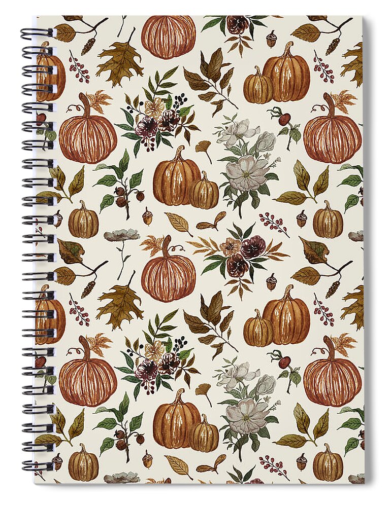 Fall Pumpkins, Flowers and Leaves - Spiral Notebook