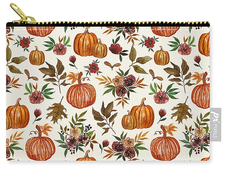 Pumpkin and Fall Flowers Pattern  - Zip Pouch