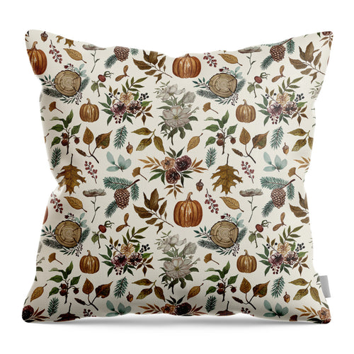 Pumpkins, Flowers and Fall Foliage - Throw Pillow