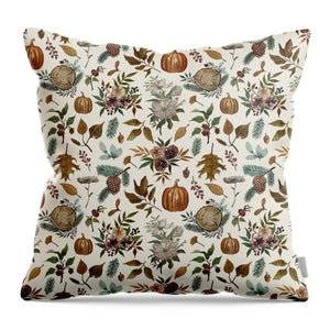 Pumpkins, Flowers and Fall Foliage - Throw Pillow