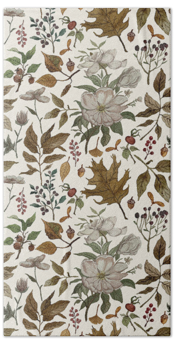 Watercolor Fall Leaves and Flowers Pattern - Bath Towel