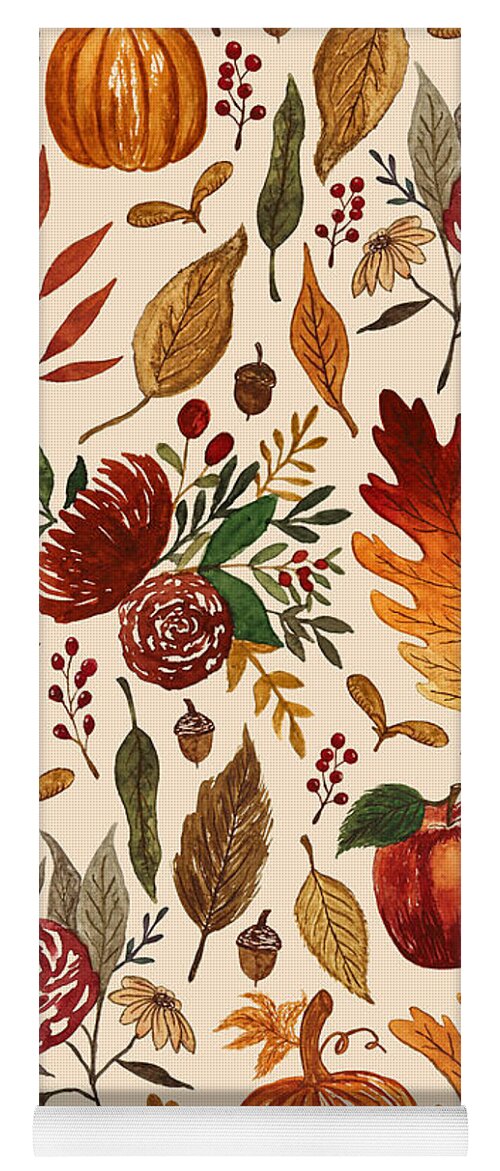 Watercolor Floral Pumpkin, Leaves, and Berries - Yoga Mat
