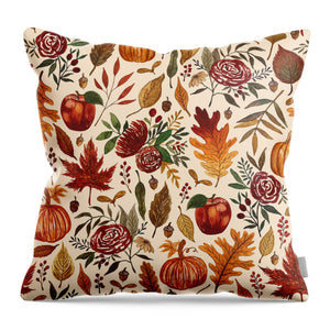 Watercolor Floral Pumpkin, Leaves, and Berries - Throw Pillow