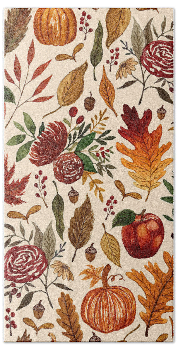 Watercolor Floral Pumpkin, Leaves, and Berries - Beach Towel