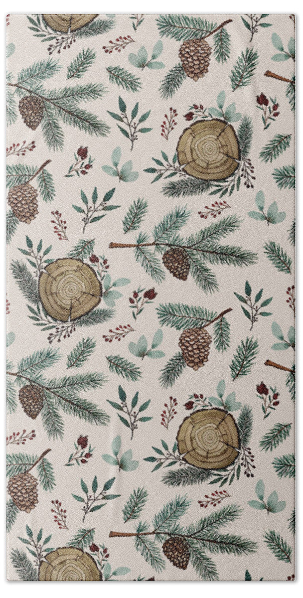 Winter Branches, Berries and Pine Cones - Beach Towel