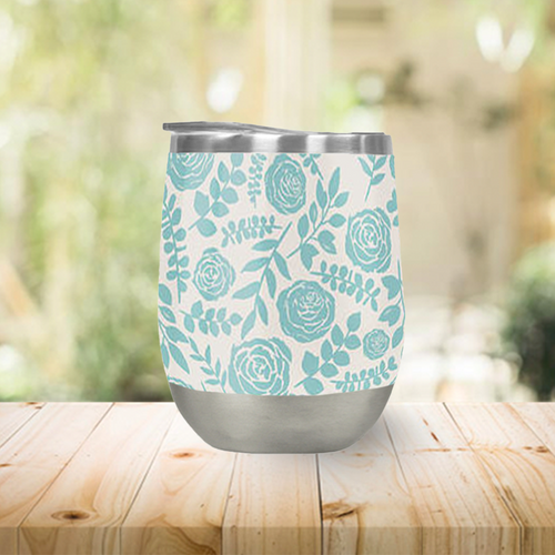 Baby Blue Floral Pattern Stemless Wine Tumbler [Wholesale]