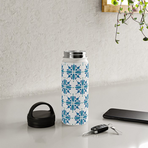 Blue Tile Watercolor Handle Lid Water Bottle