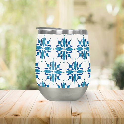 Blue Watercolor Tile Stemless Wine Tumbler