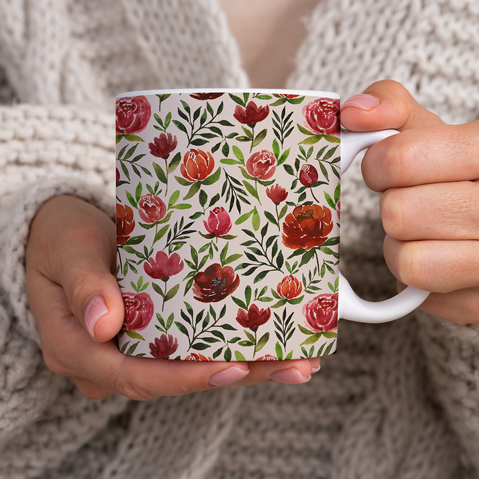 Burgundy Watercolor Floral Pattern - Mug