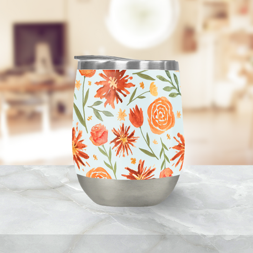 Burnt Orange Flower Burst Pattern Stemless Wine Tumbler