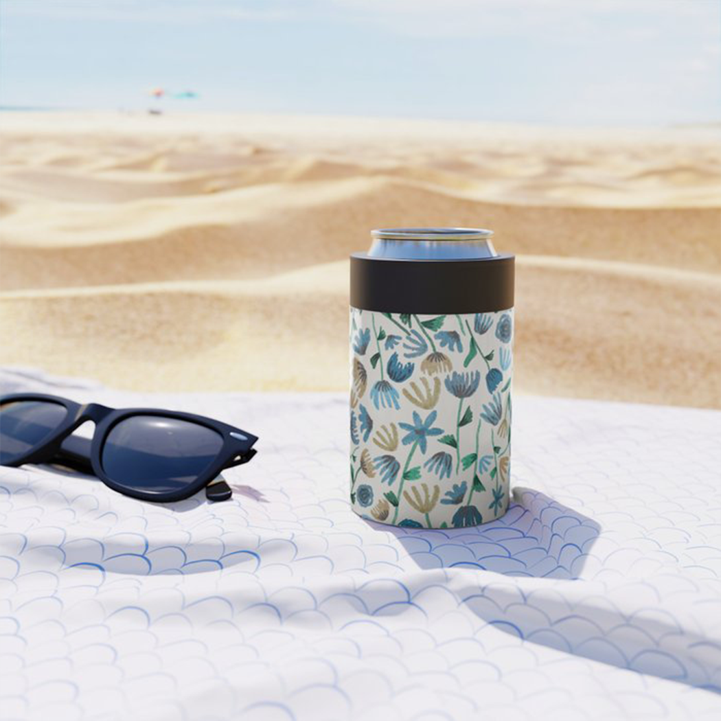 Blue Ink Floral Can Cooler/Koozie
