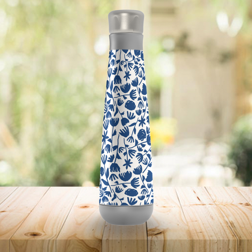 Dark Blue Floral Pattern Water Bottle